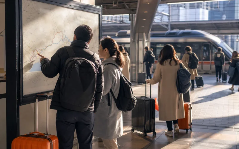 Hakone day trip from Tokyo train route planning at Shinjuku Station.