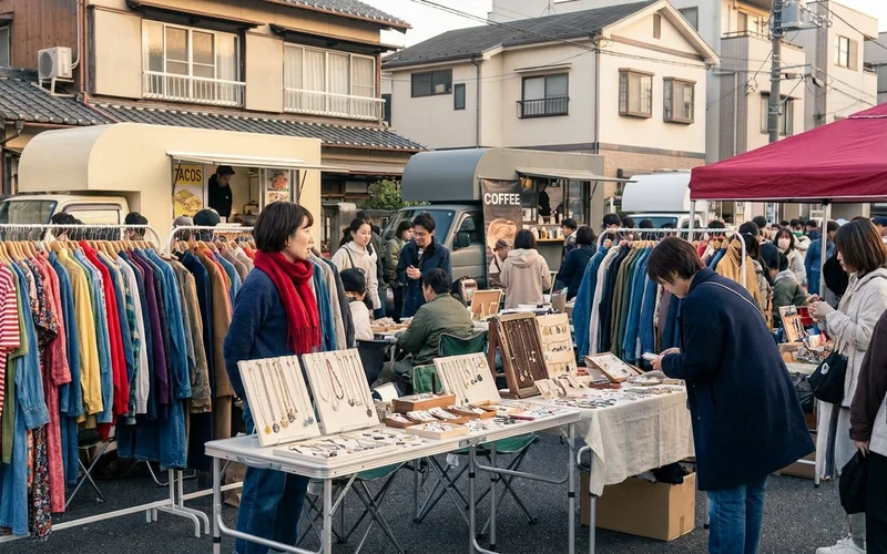 Shimokitazawa vintage market flea market Tokyo outdoor stalls.