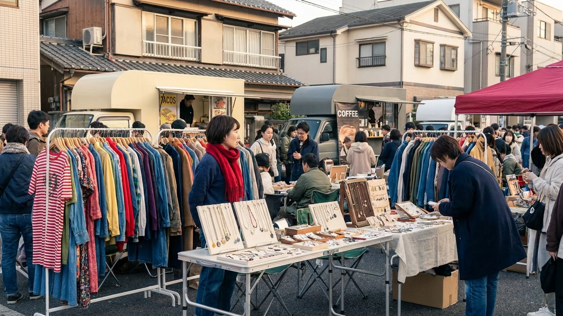 Shimokitazawa vintage market flea market Tokyo outdoor stalls.