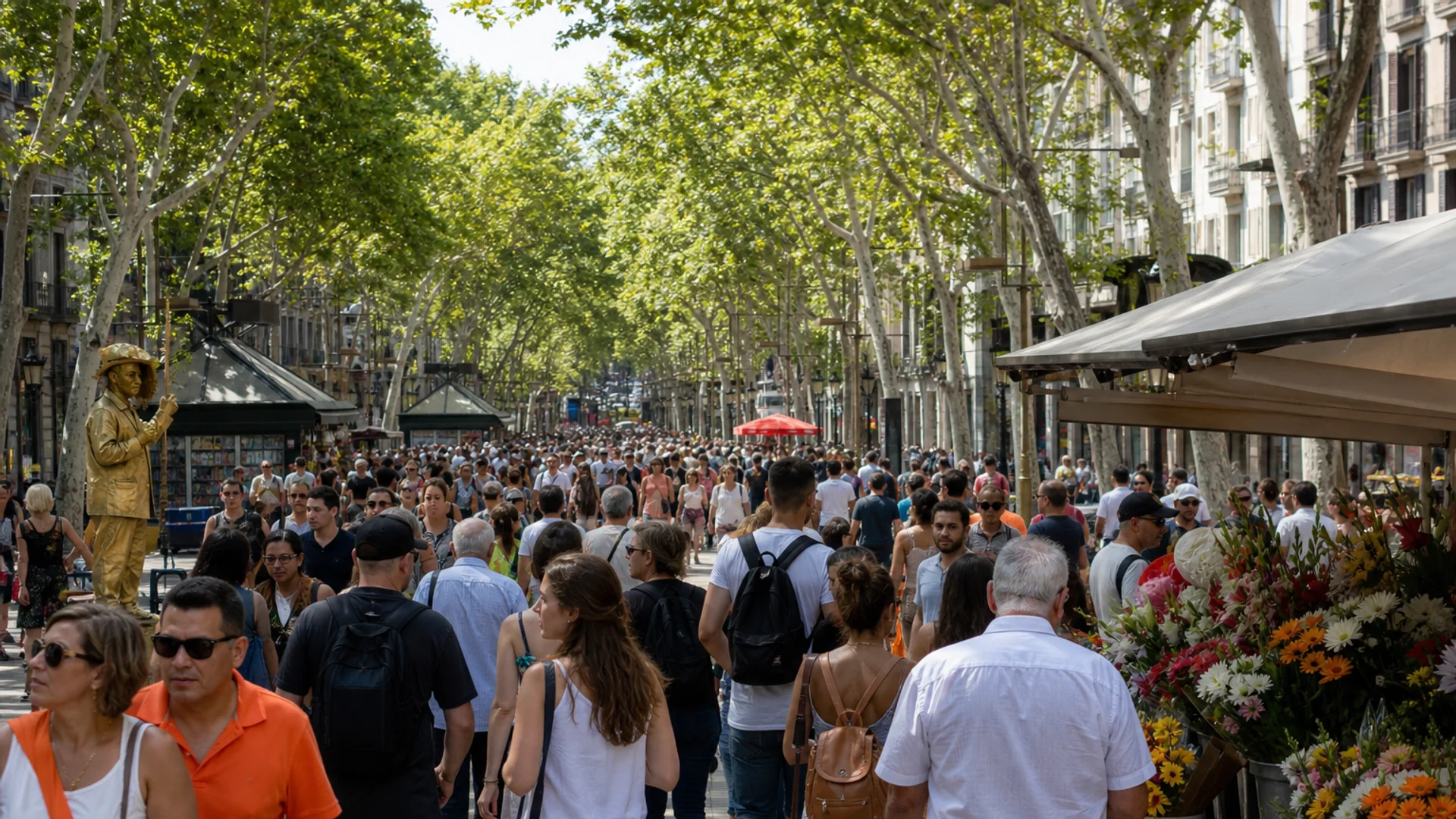 crowded La Rambla Barcelona pickpocket risk zone.