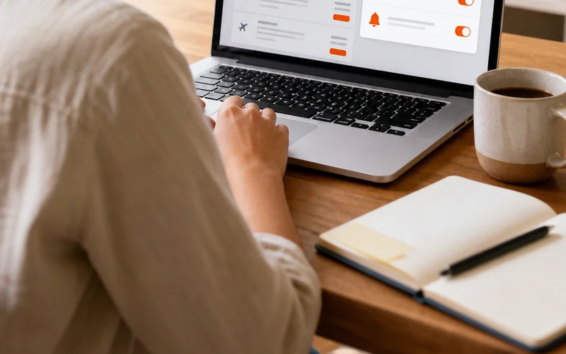 setting up flight price alerts for cheap flights to Europe on a laptop.