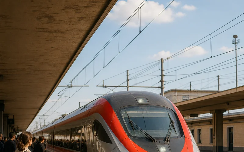 Frecciarossa high-speed train at an Italian station platform.