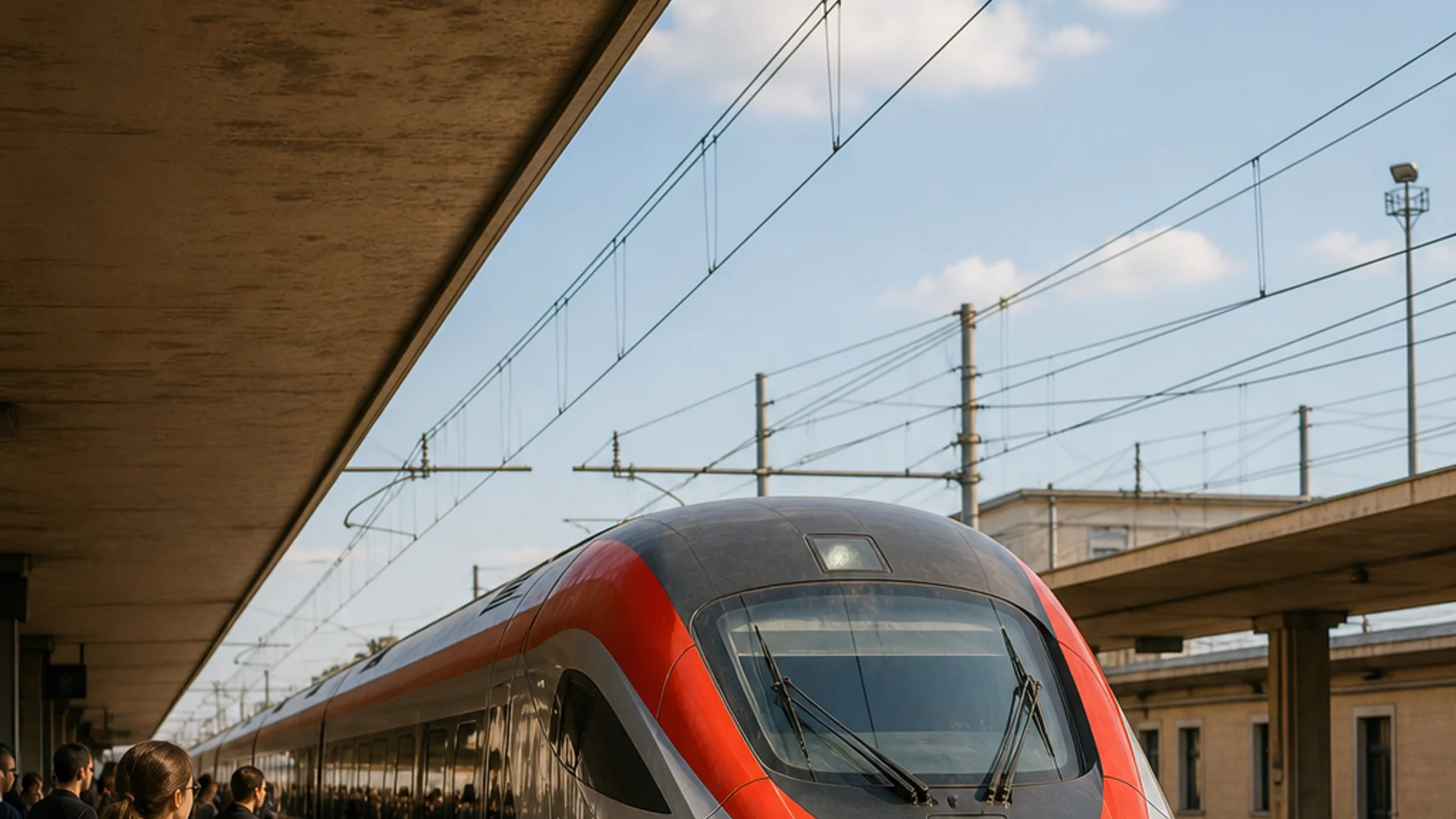 Frecciarossa high-speed train at an Italian station platform.