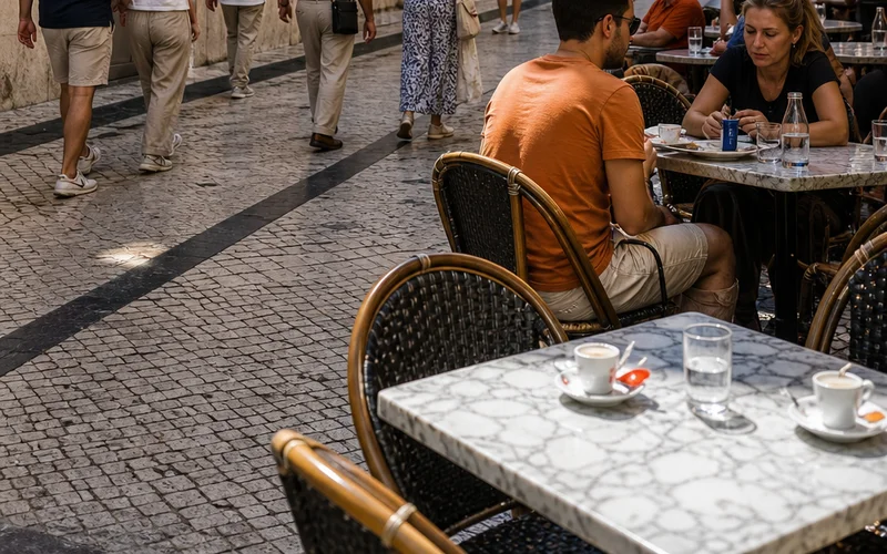 Lisbon café street scene showing typical budget dining options for travelers.