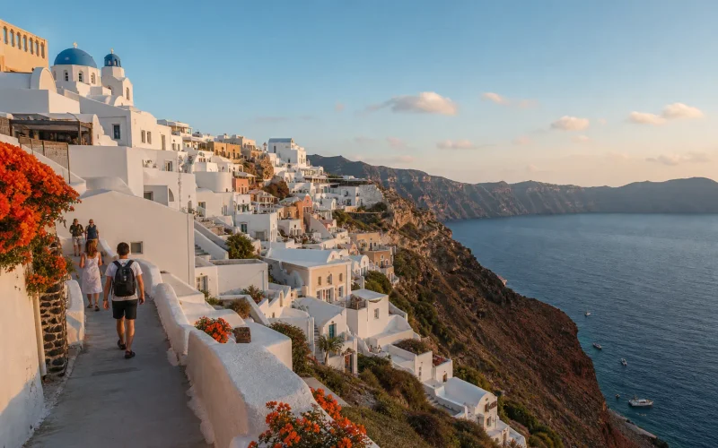 Santorini caldera villages and volcanic cliffs in Greece.