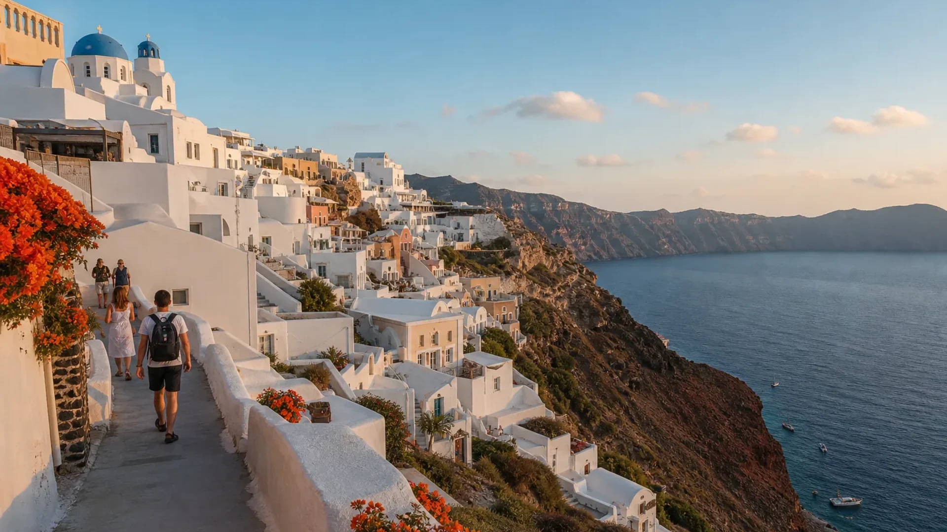 Santorini caldera villages and volcanic cliffs in Greece.