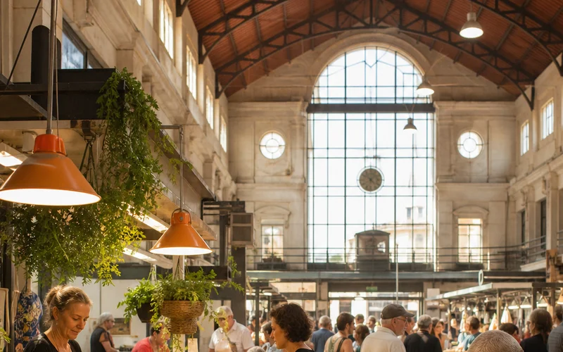 Lisbon food market morning scene with fresh produce and local vendors.