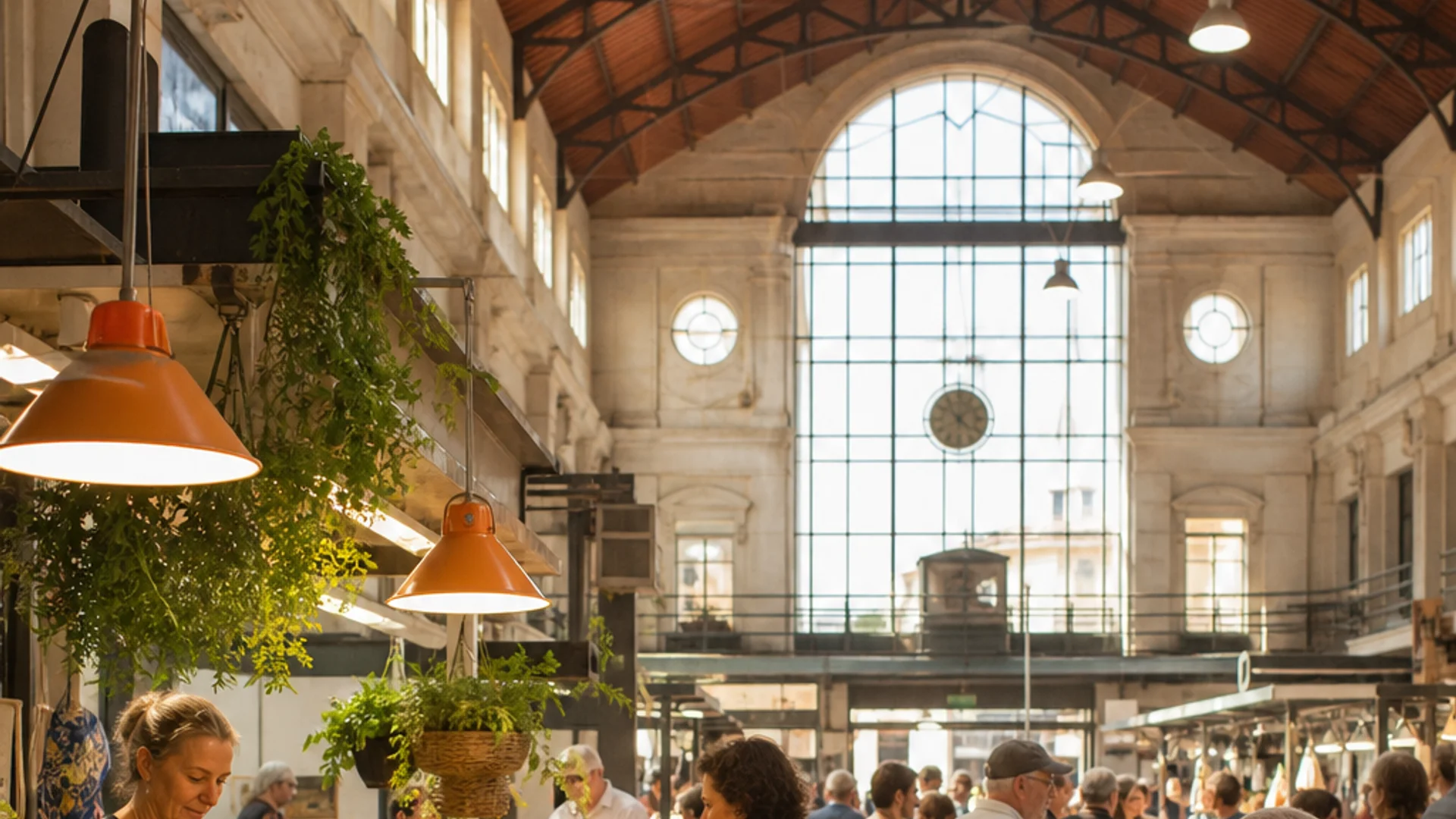Lisbon food market morning scene with fresh produce and local vendors.
