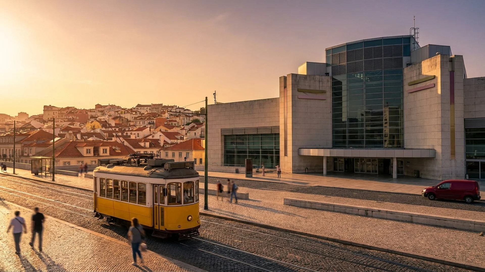Arriving in Lisbon Portugal airport with city trams and rooftops visible.