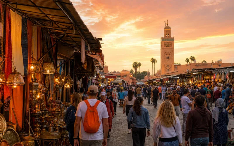 Marrakech Medina souks and Jemaa el-Fnaa at sunset.