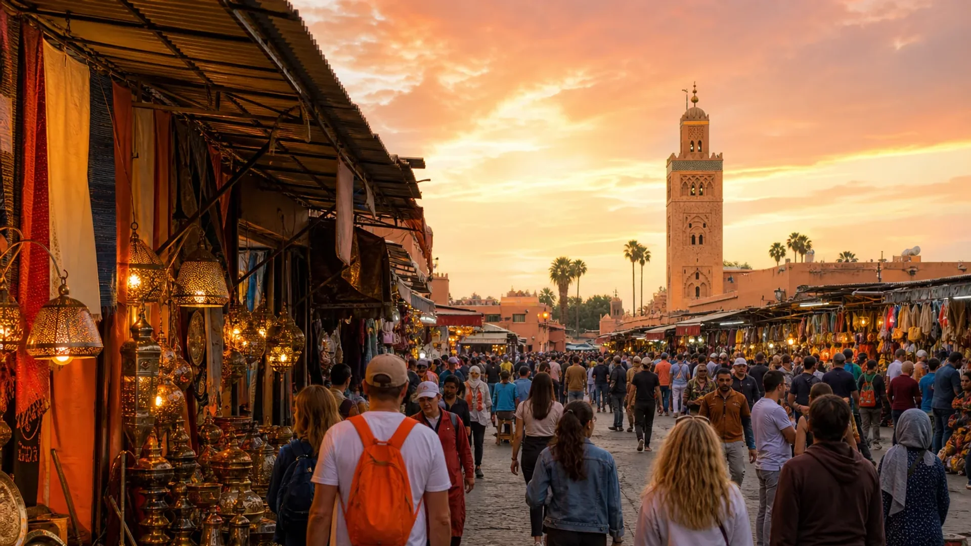 Marrakech Medina souks and Jemaa el-Fnaa at sunset.