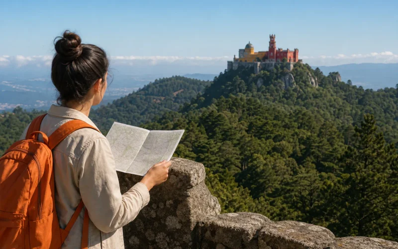 Sintra day trip planning with Pena Palace and forested hills.