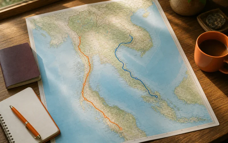 Thailand map showing one southern coast route for a two-week itinerary.