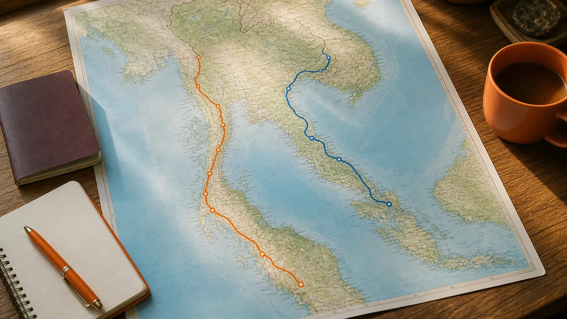 Thailand map showing one southern coast route for a two-week itinerary.