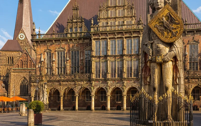 A wide-angle photorealistic shot of Bremen's Gothic Town Hall facade and the tall Roland statue on the sunlit market square, with blue sky and cobblestones in the foreground. Alt: Bremen Town Hall and Roland Statue on the market square, UNESCO World Heritage Site.