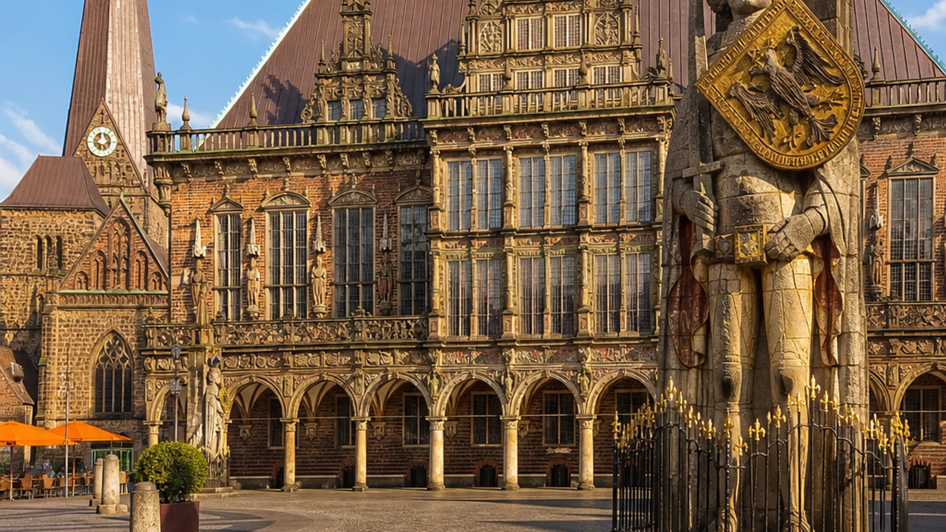 A wide-angle photorealistic shot of Bremen's Gothic Town Hall facade and the tall Roland statue on the sunlit market square, with blue sky and cobblestones in the foreground. Alt: Bremen Town Hall and Roland Statue on the market square, UNESCO World Heritage Site.