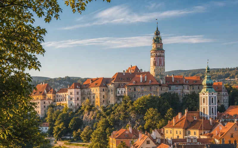 A wide-angle realism photo of Český Krumlov Castle tower rising above terracotta rooftops, surrounded by a bend in the Vltava River on a clear summer morning, warm golden light. Alt: Český Krumlov Castle tower above the old town.