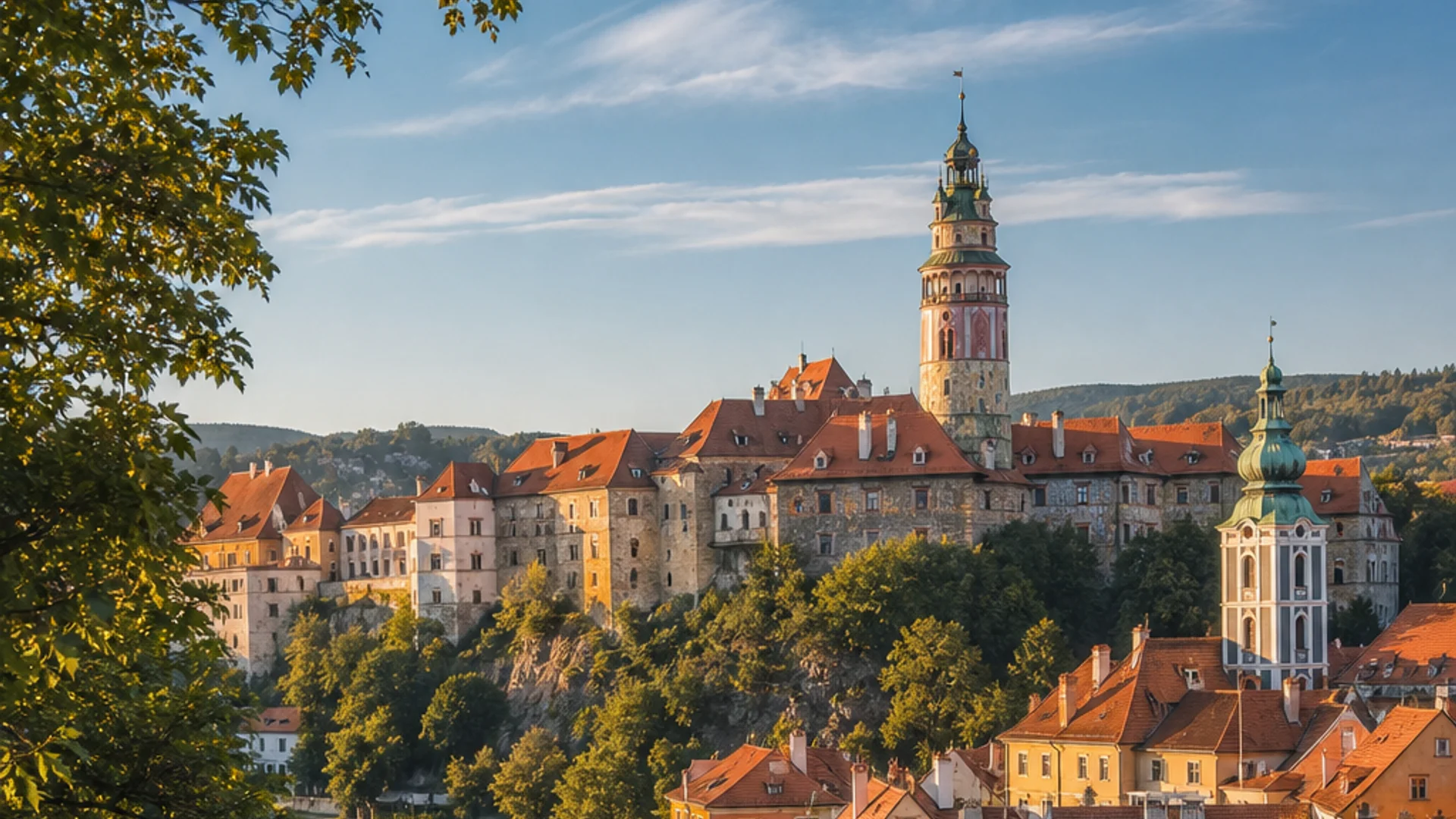 A wide-angle realism photo of Český Krumlov Castle tower rising above terracotta rooftops, surrounded by a bend in the Vltava River on a clear summer morning, warm golden light. Alt: Český Krumlov Castle tower above the old town.