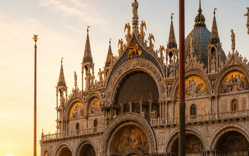 A photorealistic 16:9 wide-angle shot of St. Mark's Basilica facade at early morning golden hour, Byzantine mosaics glowing, near-empty piazza with soft mist rising from the stones. Alt: St. Mark's Basilica Venice at sunrise with golden mosaics and empty piazza.