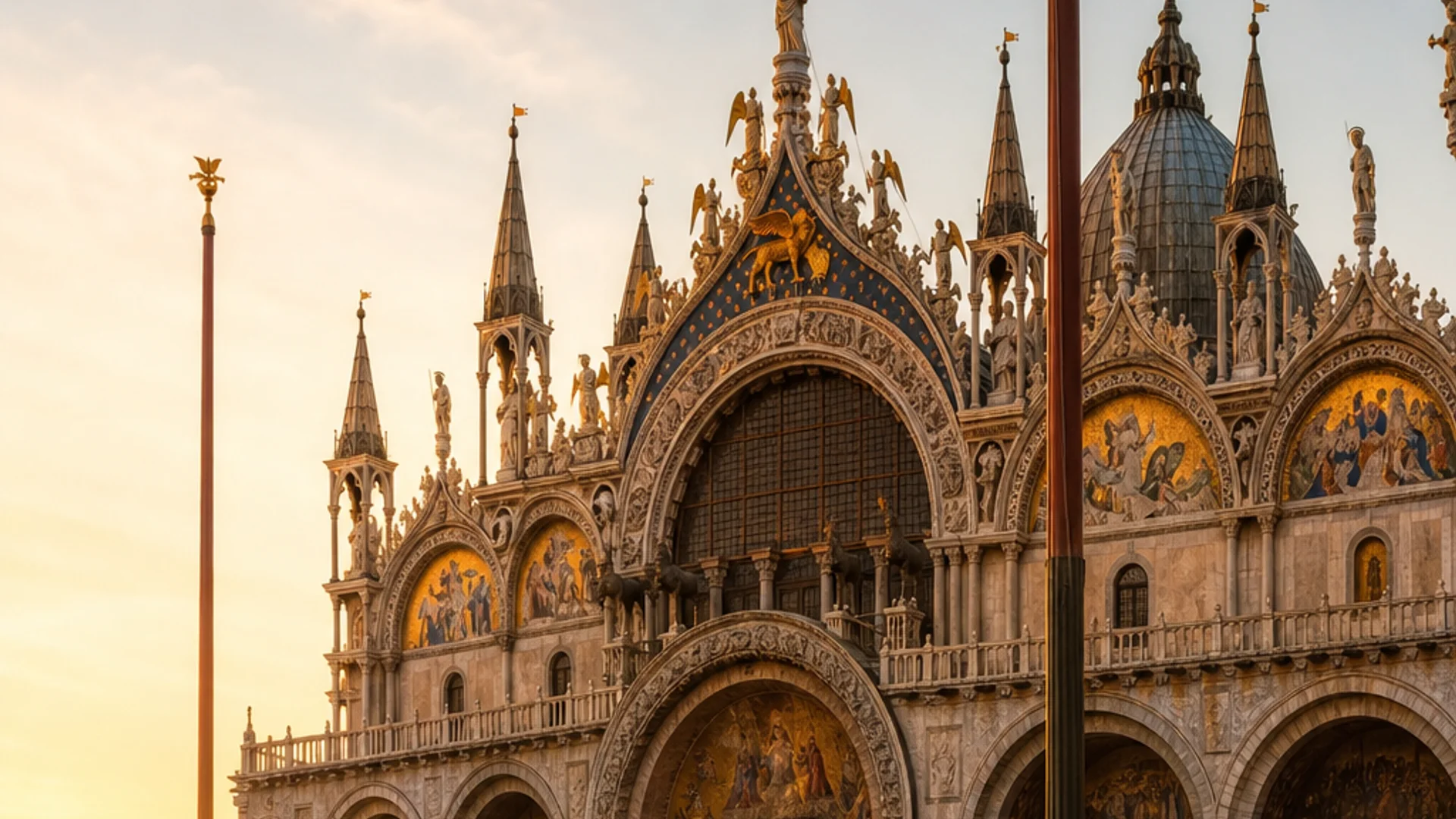 A photorealistic 16:9 wide-angle shot of St. Mark's Basilica facade at early morning golden hour, Byzantine mosaics glowing, near-empty piazza with soft mist rising from the stones. Alt: St. Mark's Basilica Venice at sunrise with golden mosaics and empty piazza.