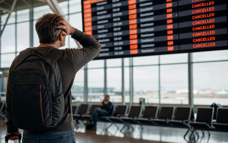 traveler at airport with cancelled flights, illustrating when travel insurance is worth buying.