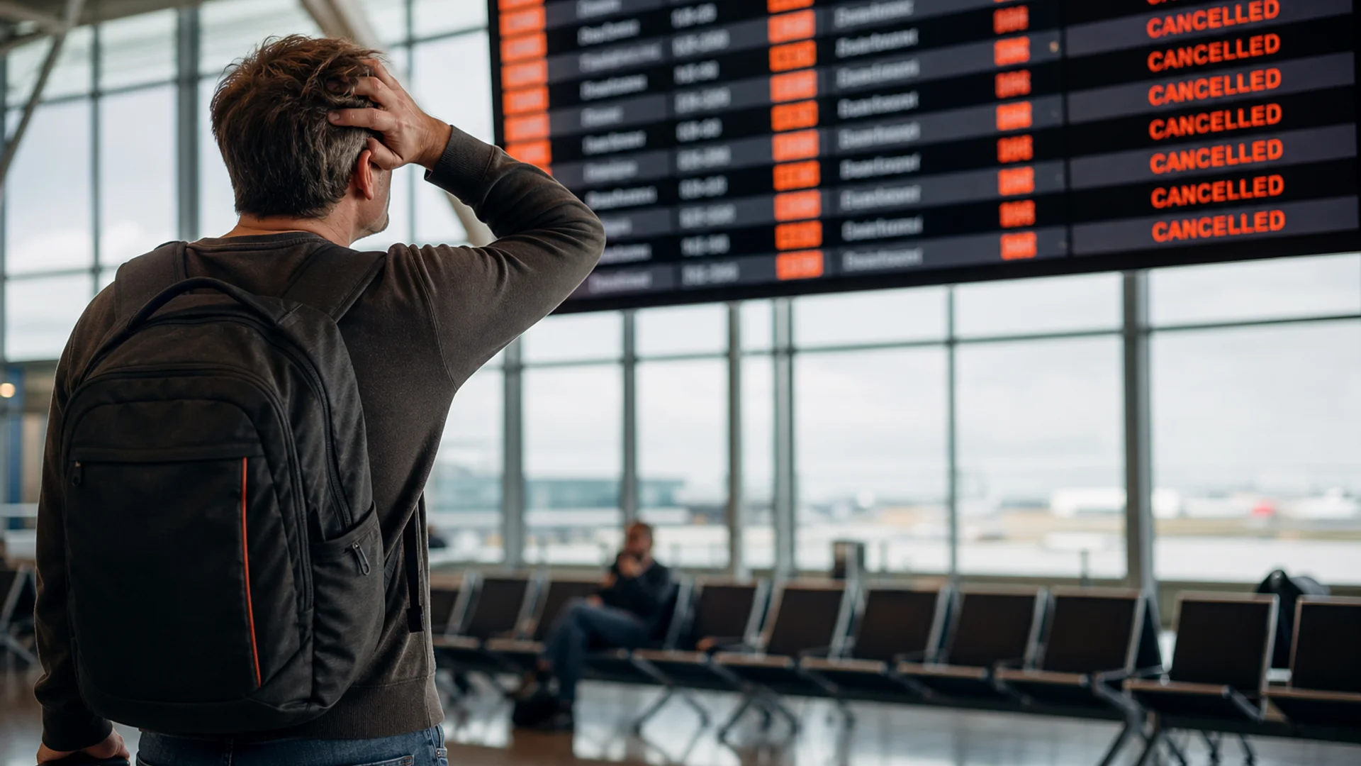 traveler at airport with cancelled flights, illustrating when travel insurance is worth buying.