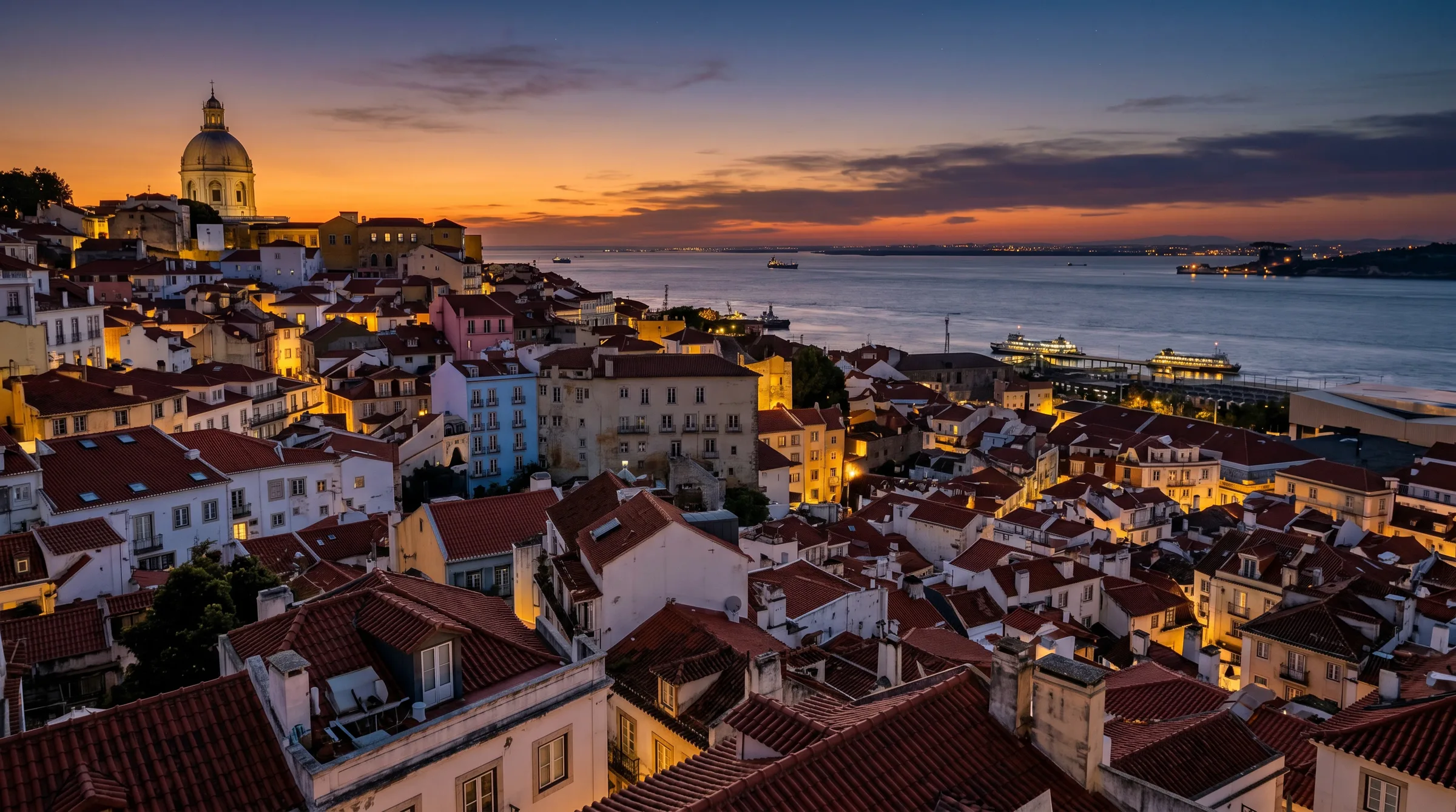 Alfama district rooftops at sunset, terracotta tiles glowing orange with the Tagus River and Santa Engrácia dome