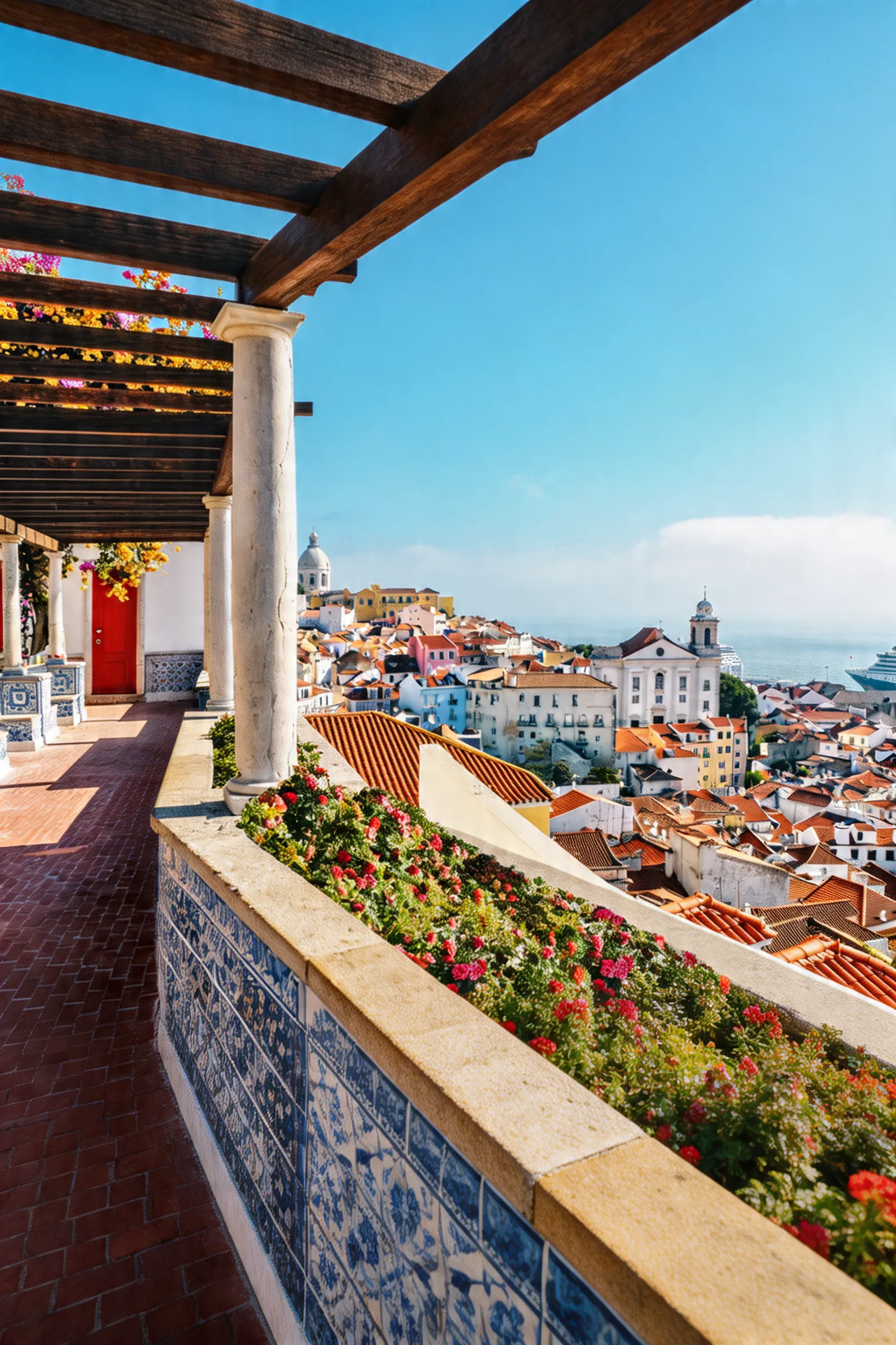 Panoramic view of Alfama district in Lisbon from a tiled miradouro terrace with flowers and the Tagus River beyond