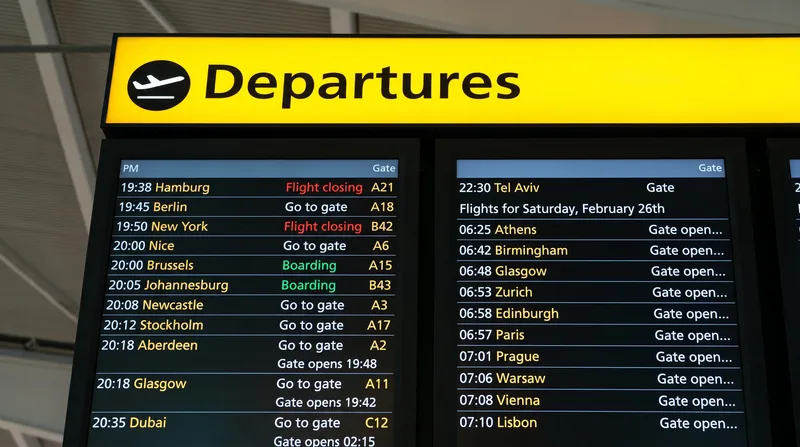 Airport departures board showing international flight destinations and gate information